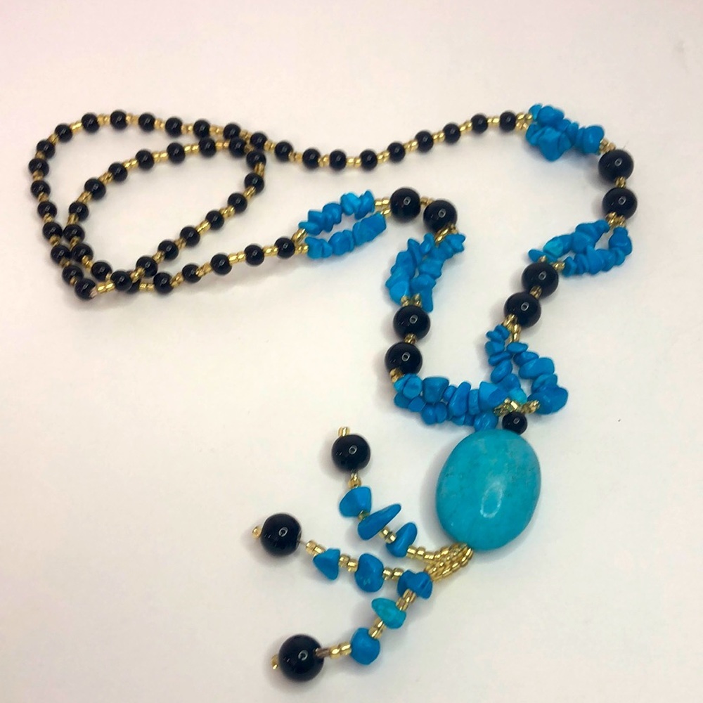 Boho Blue Turquoise And Onyx Gemstone Bead Necklace 28” Long